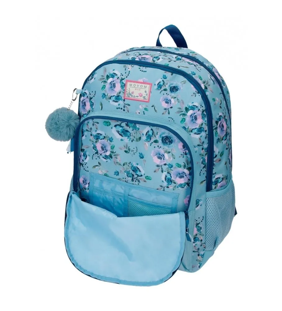 MOCHILA ESCOLAR MOVOM WILD FLOWERS DOS COMPARTIMENTOS CON CARRO AZUL 33X46X17CM